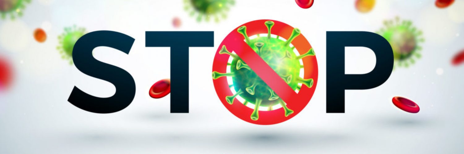 Stop Coronavirus Design with Falling Covid-19 Virus and Blood Cell in Microscopic View on Light Background. Vector 2019-ncov Corona Virus Outbreak Illustration on Dangerous SARS Epidemic Theme for Banner
